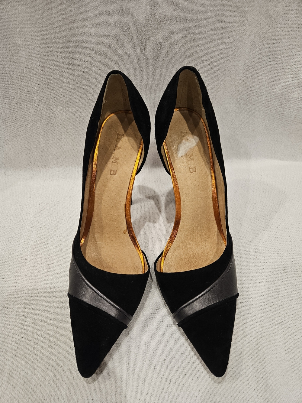 L.A.M.B. Black Calf Leather Suede Pointed Toe Stiletto Heels Pumps Gwen Stafani - Picture 2 of 7